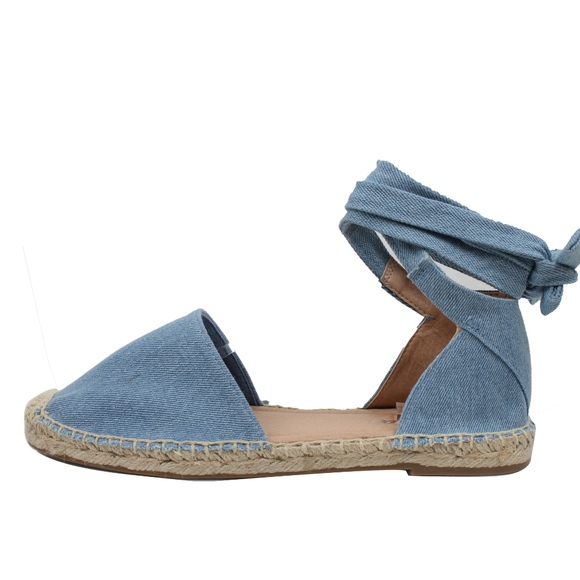 Shoes - Blue Denim Crochet Espadrille Ankle Wrap Tie